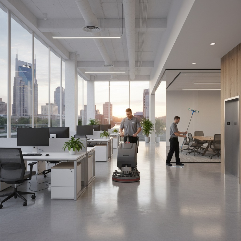 Two janitorial workers clean a modern, open-concept office space with floor-to-ceiling windows overlooking a city skyline.